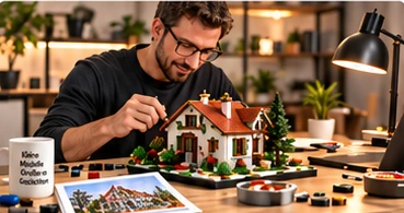 Ein Modellbauer arbeitet an einem Hausmodell. Die Fotovorlage liegt vor ihm auf dem Arbeitstisch.