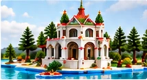 Klemmbaustein-Lieblingsort mit markanter Architektur am Wasser.