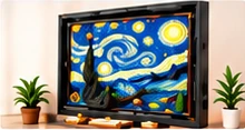 Gerahmtes buntes Klemmbaustein-Kunstwerk als Wandobjekt.
